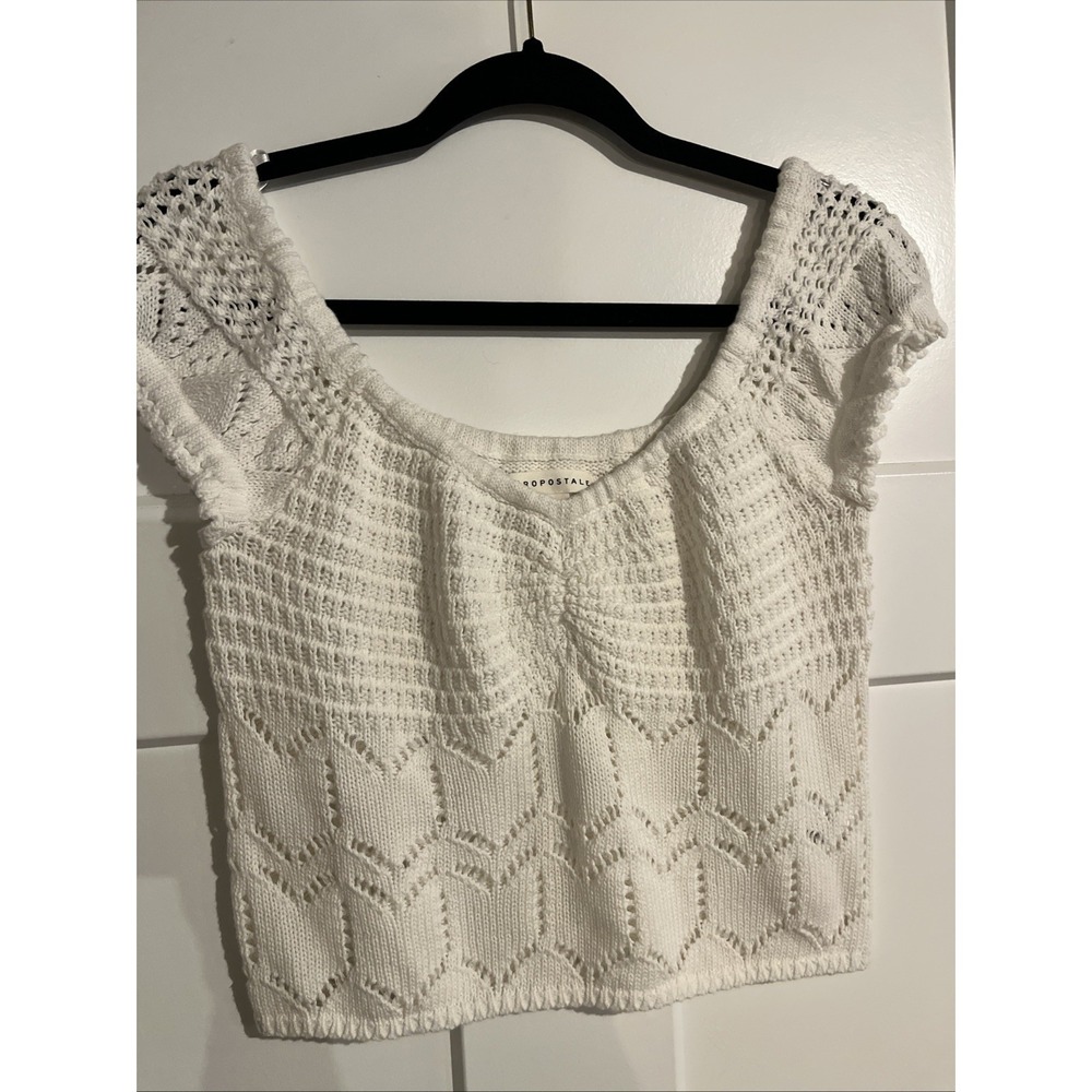 Aeropostale Womens Crochet Crop Top White V-Neck Short Sleeve Blouse Medium